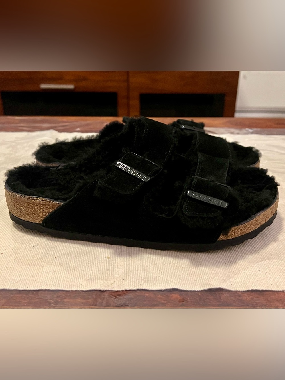 Birkenstock Black Shearling Double Buckle Slides Sandals 38 7